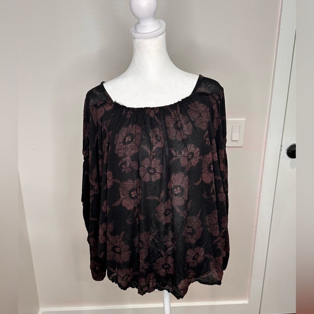 Free People Black Boxy Floral Blouse